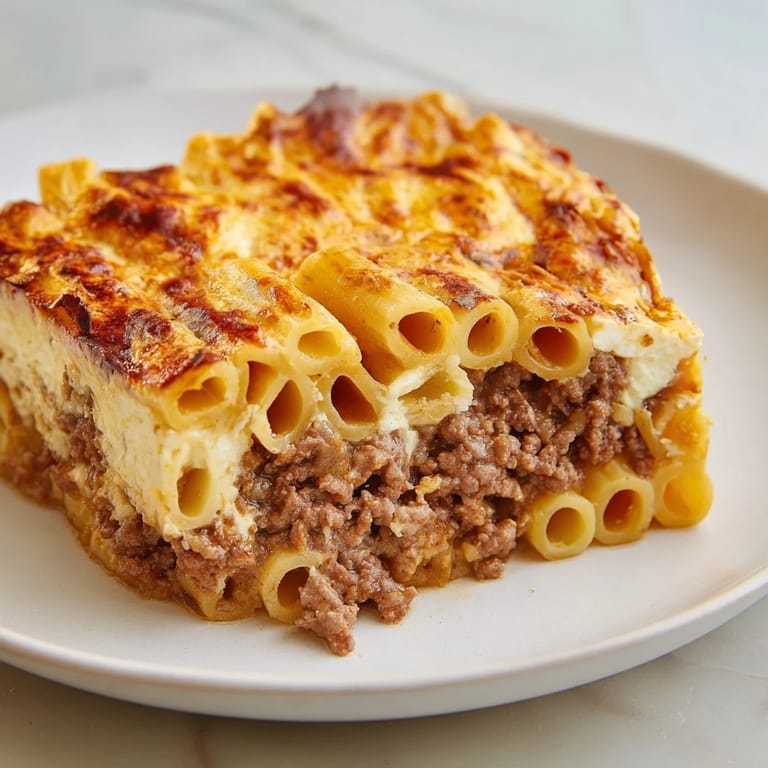 This close-up features a slice of Greek Pastitsio, highlighting the creamy béchamel and rich beef layer.