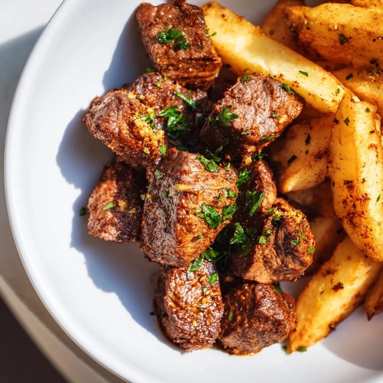 Golden, seasoned fries alongside savory Blackened Cajun Steak Bites, garnished with parsley for a flavorful dinner view.