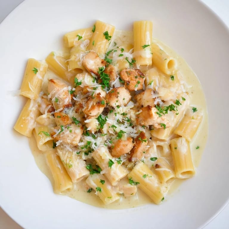 A close-up of Creamy Garlic Parmesan Chicken Rigatoni with parsley garnish, perfect for dinner.