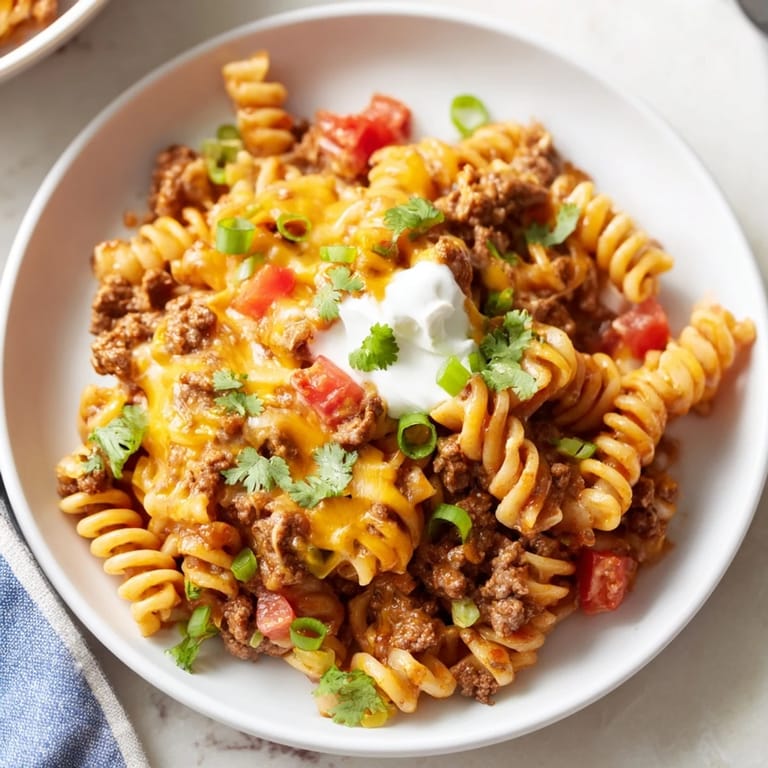Creamy, flavorful Cheesy Taco Pasta skillet, showcasing a family-friendly meal with melted cheese and fresh herbs.