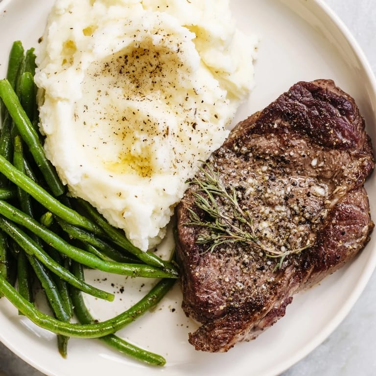 Roasted green beans and tender steak with creamy garlic mash, a delicious and easy sheet pan recipe.