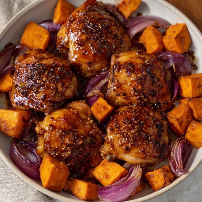 Roasted Maple Glazed Chicken & Sweet Potato Bake: juicy chicken thighs resting on caramelized sweet potatoes and onions.