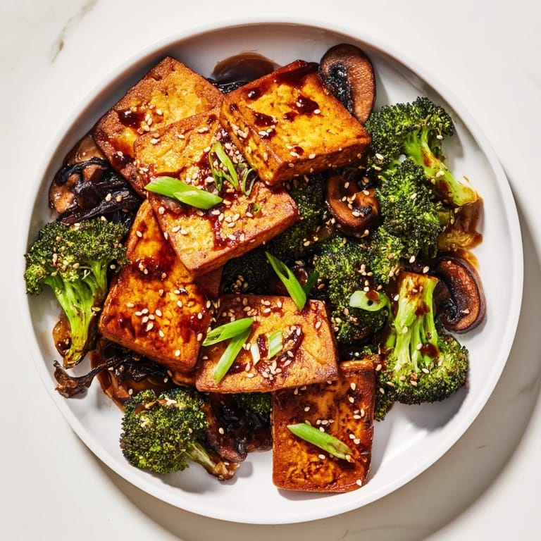 A close-up of the flavorful sautéed tofu steak, cooked until tender, with fresh vegetables and sesame seeds.