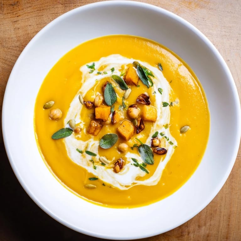 A vibrant bowl of Chickpea Pumpkin & Sage Soup, showcasing a smooth texture and rich flavor.