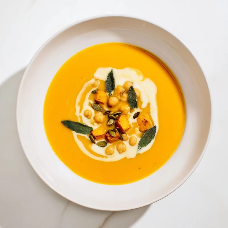 Golden-hued Chickpea, Pumpkin & Sage Soup, a hearty vegan meal perfect for chilly evenings.