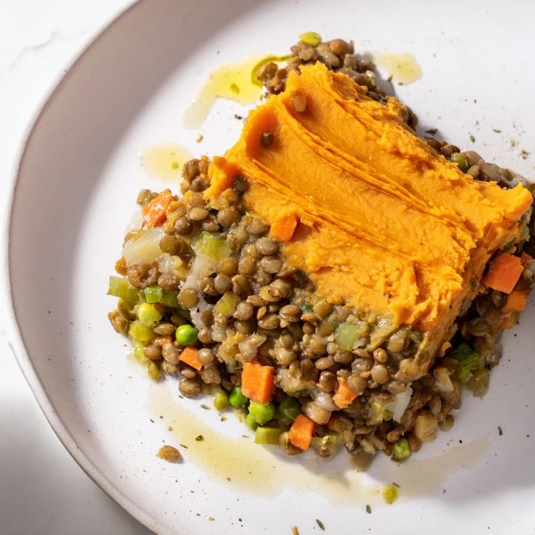 Hearty, homemade Veggie Shepherd's Pie overflowing with savory lentils under a sweet potato blanket.