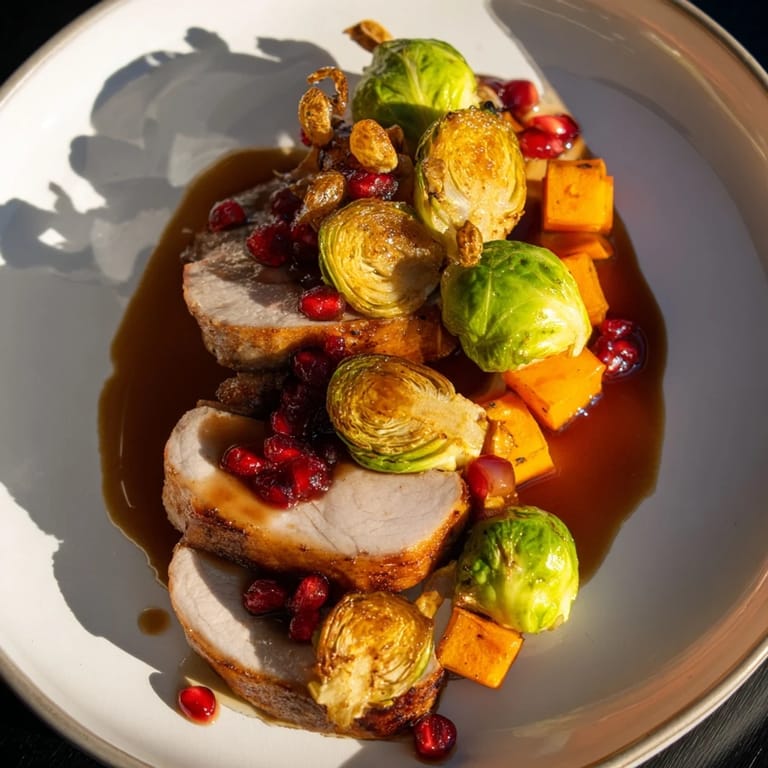 Vibrant image of sheet-pan roasted turkey breast and vegetables, ready to serve with cranberry glaze drizzled.
