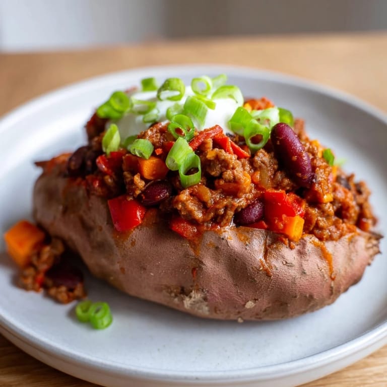 This hearty baked sweet potato stuffed with chili is piled high with a flavorful, rich filling.