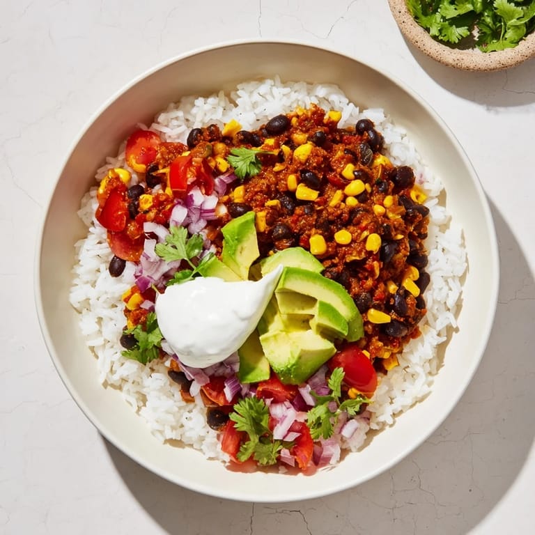 This delicious image shows flavorful rice, bean, and corn burrito bowls ready to be enjoyed.