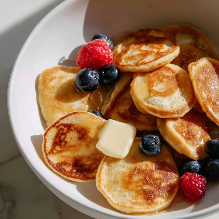 Tiny, fluffy pieces of Pancake Cereal topped with fresh berries and ready to eat.