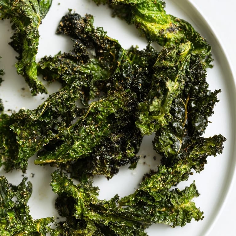 Freshly baked kale chips, perfectly seasoned and lightly oiled, are a delicious vegan treat.