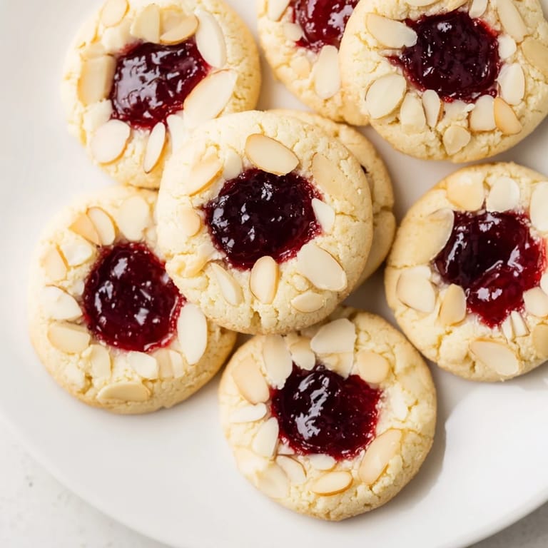 Buttery Cherry Almond Thumbprint Cookies, a classic dessert with a tender crumb and sweet cherry filling.