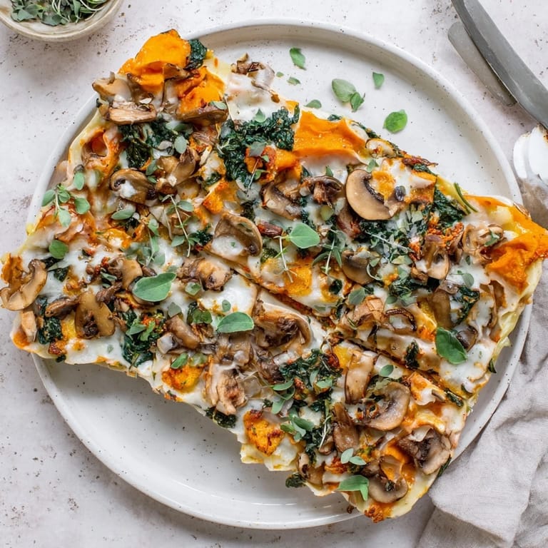 Warm Vegan Mushroom Spinach Lasagna, bubbling from the oven, ready to serve with fresh basil.