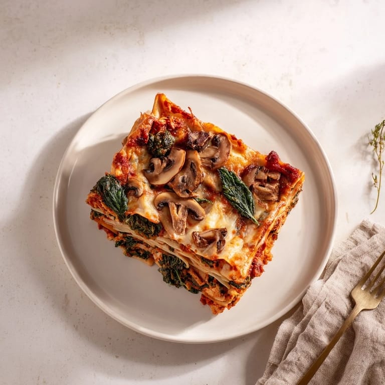 Enjoy a comforting slice of Vegan Mushroom Spinach Lasagna, packed with savory mushroom flavor.