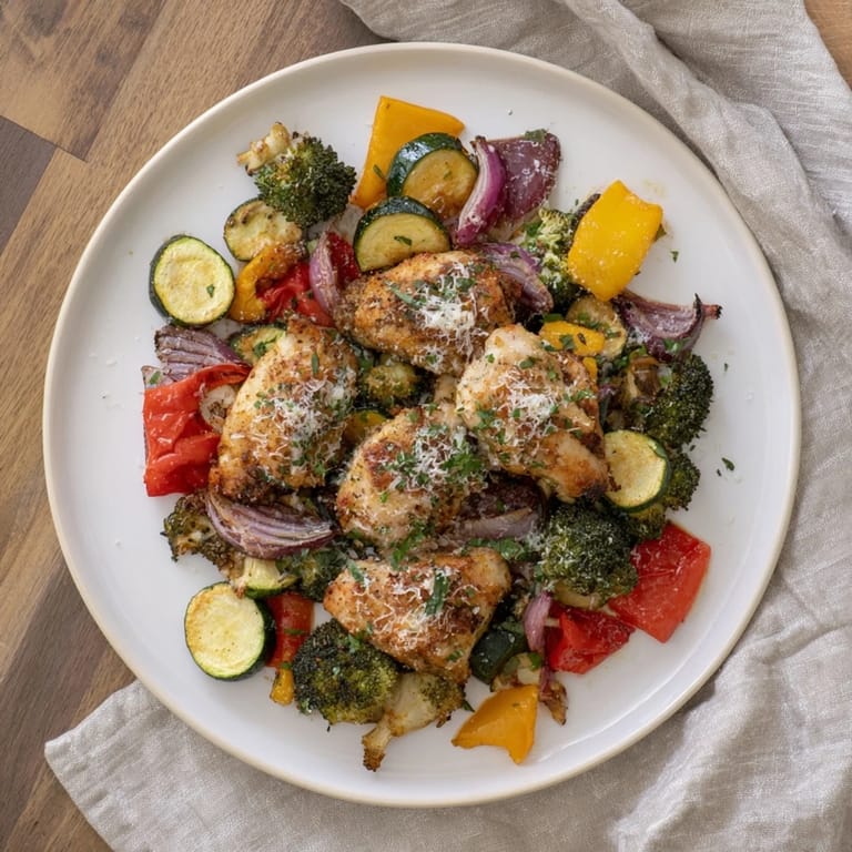 Tender Garlic Parmesan Chicken Bites share a pan with roasted colorful veggies, a quick weeknight dinner.