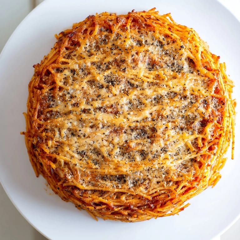 Freshly baked Cacio e Pepe Pasta Pie, featuring a perfect, crispy crust and layers of pasta.