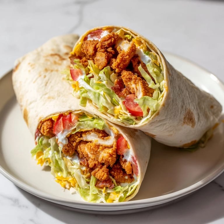 A close-up shot of the Irresistible Crispy Chicken Bacon Ranch Wrap, filled with savory and colorful ingredients.