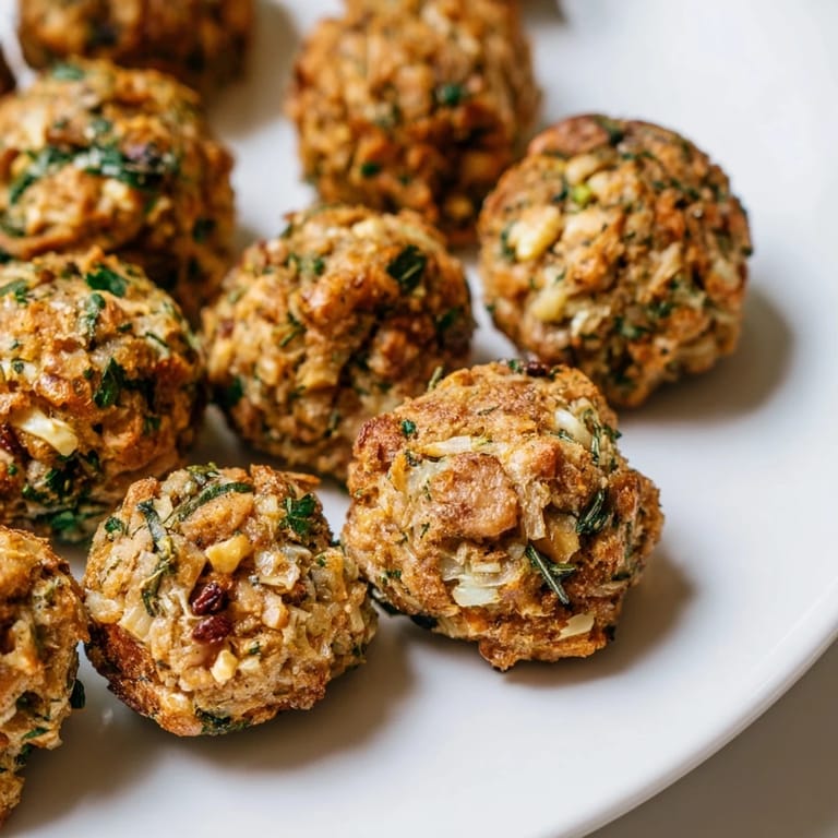 A close-up of savory Quick Christmas Stuffing Balls, showing a tender inside, and a hint of cranberries.