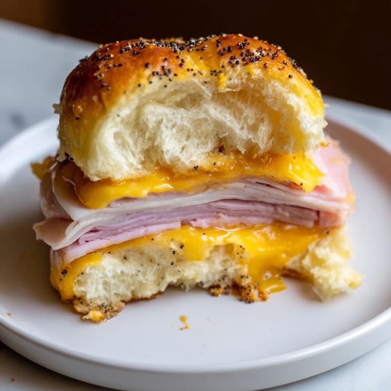 Close-up of baked Budget-Friendly Ham & Cheese Sliders, showcasing layers of ham, cheese, and soft buns ready to serve.