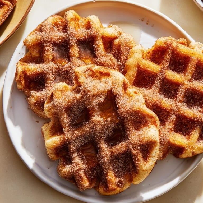 Sweet, spiced Cinnamon Sugar Churro Waffles: Fluffy waffles drizzled with cinnamon sugar, great for breakfast.