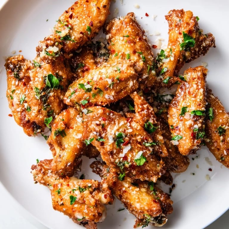 Glistening, flavorful air fryer garlic-Parmesan chicken wings, served with fresh parsley garnish.