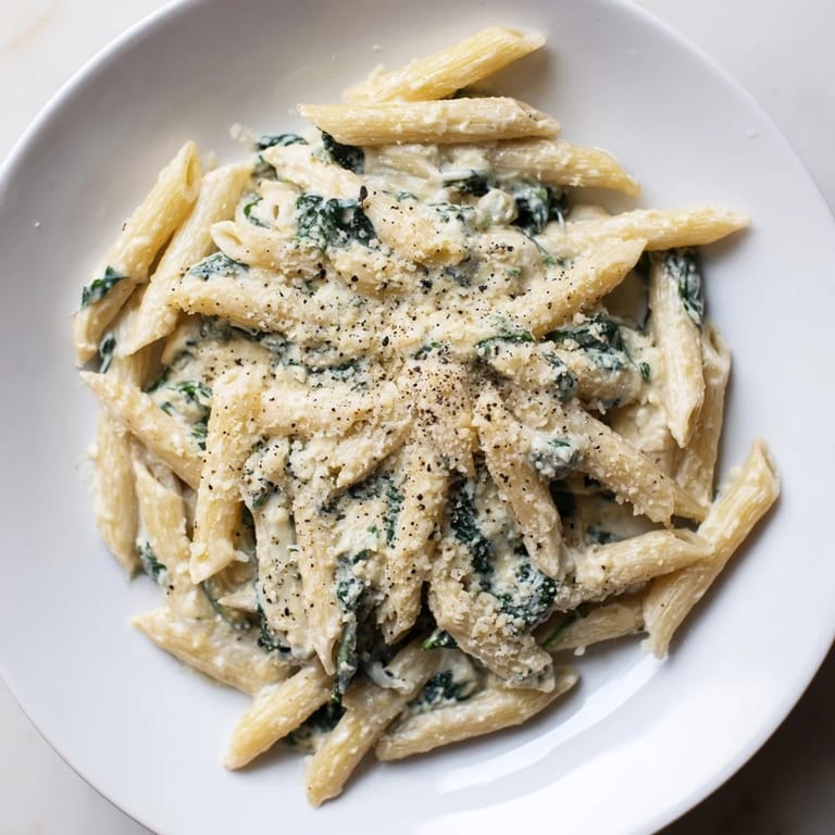 This photo shows a comforting bowl of cottage cheese spinach pasta, ready for a satisfying dinner.