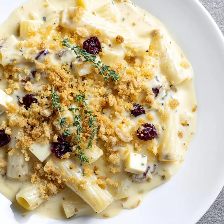 A close-up of a bowl of Cranberry and Brie Tartlet Pasta with a garnish of herbs and berries.