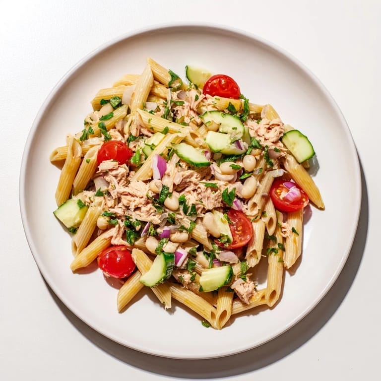 Enjoy a refreshing Spicy Tuna and White Bean Pasta Salad, perfect for a quick, healthy lunch.