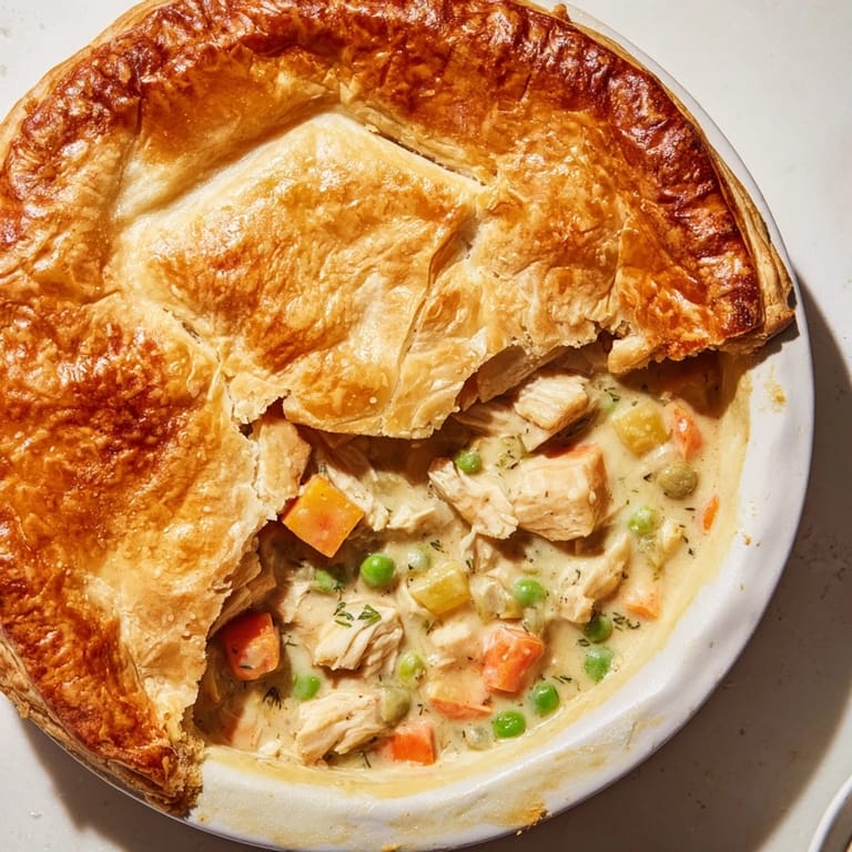 Close-up of a bubbling Marry Me Chicken Pot Pie, with golden-brown crust and steam rising from the slits.