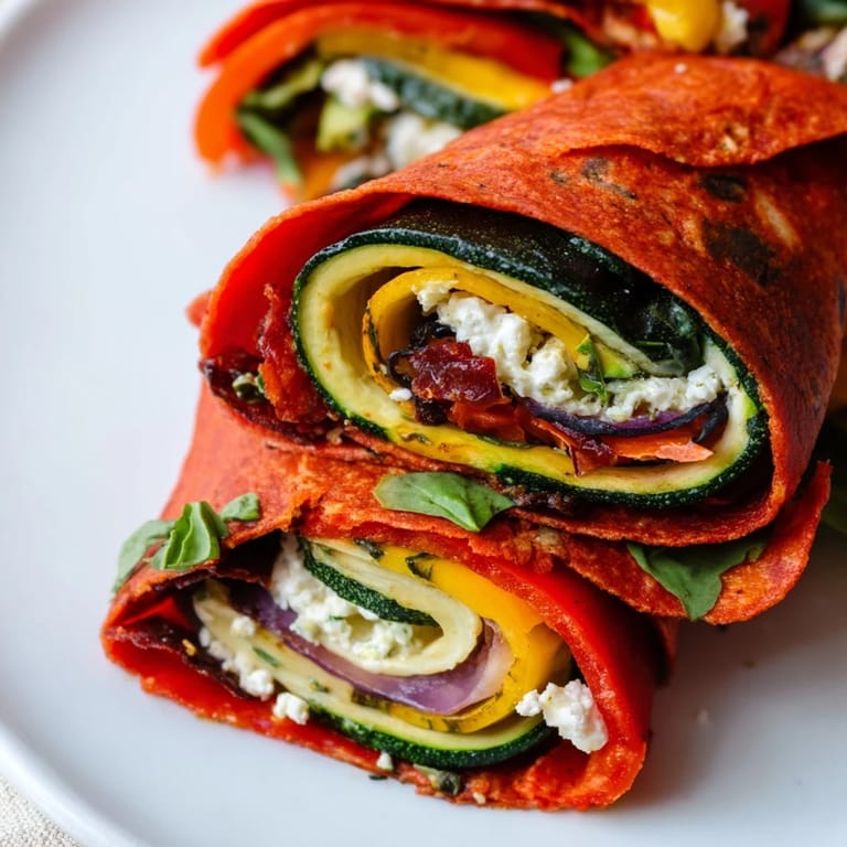 A close-up of a Roasted Veggie & Feta Santa Spiral Wrap, showing off its delicious ingredients.