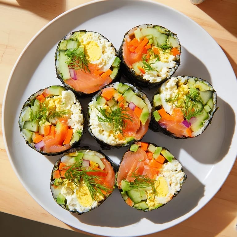 A close-up of a high-protein sushi wrap, revealing the colors of salmon and cucumber.