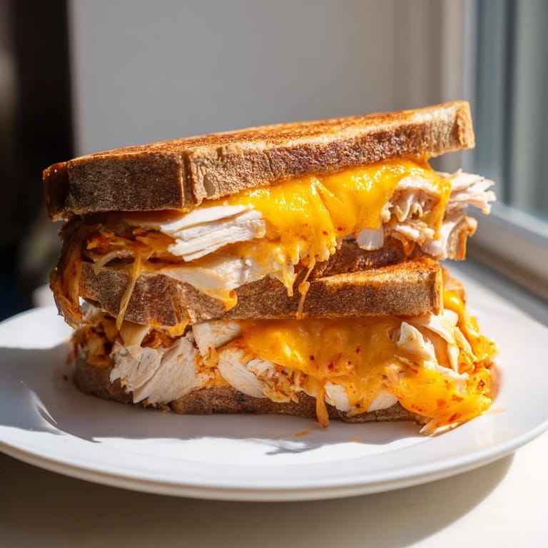 A warm, comforting plate showcasing the deliciousness of a Kimchi Turkey & Cheddar Toasted Grilled Cheese sandwich.