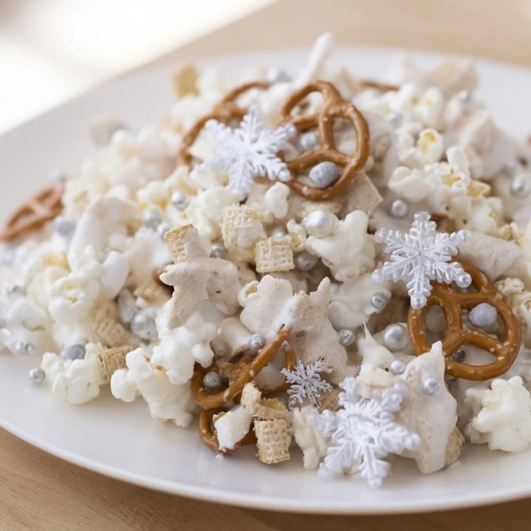 Delicious, sweet-salty Ski Season Snowflake Snack Mix ready to enjoy with a warm beverage.
