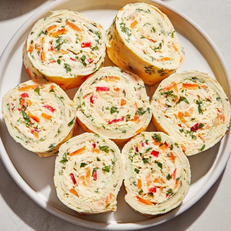 Freshly made Cozy Scarf Holiday Pinwheel Wraps with visible creamy cheese filling and colorful vegetable specks.