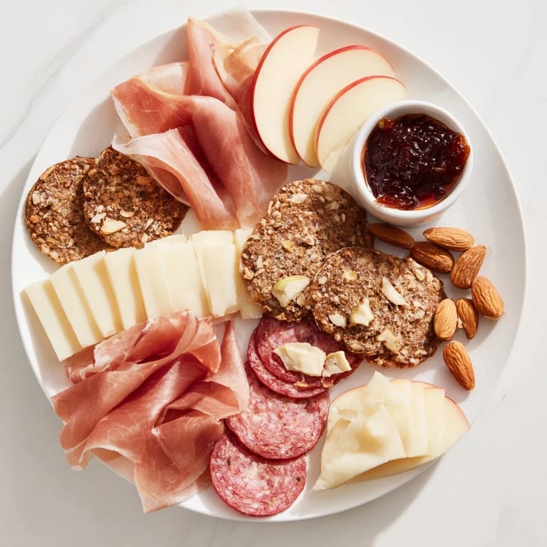 A close-up of a Wine & Food Pairing Platter overflowing with tasty cheeses, meats, and fresh fruit.