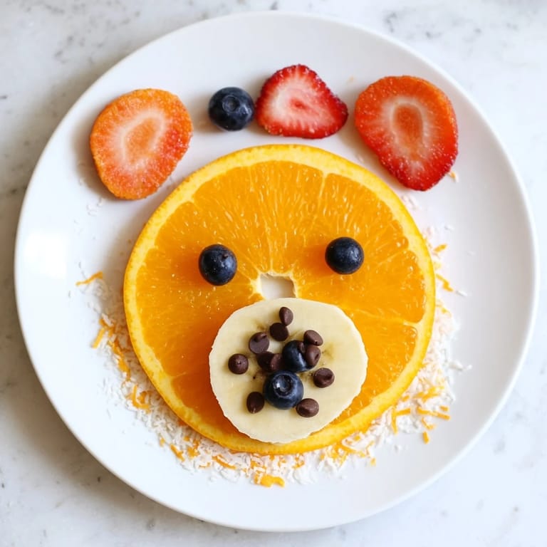 Bright, cheerful Orange Slice Bear Face arrangement with juicy orange slices, berries, and banana smiles.