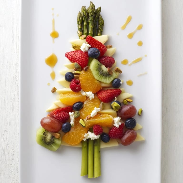 Enjoy a beautifully presented Asparagus Stem Floral Fruit Board overflowing with seasonal fruits and fresh asparagus.