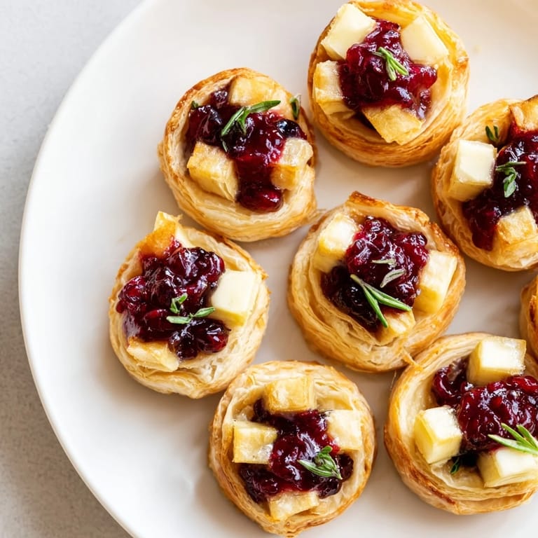 A close-up of a delightful Mini Cranberry Brie Tart Wreath, offering a blend of sweet and savory flavors.
