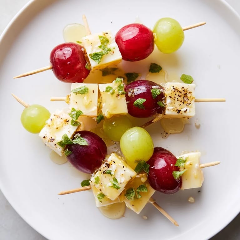 Fresh Sparkling Grape and Cheese Skewers, a party-ready appetizer drizzled with honey, ready to serve and enjoy.