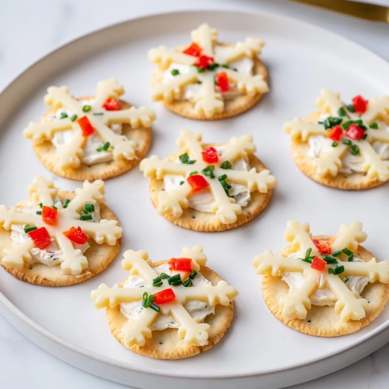 Colorful cheese snowflakes on crackers, a simple yet delicious savory bite recipe to make.