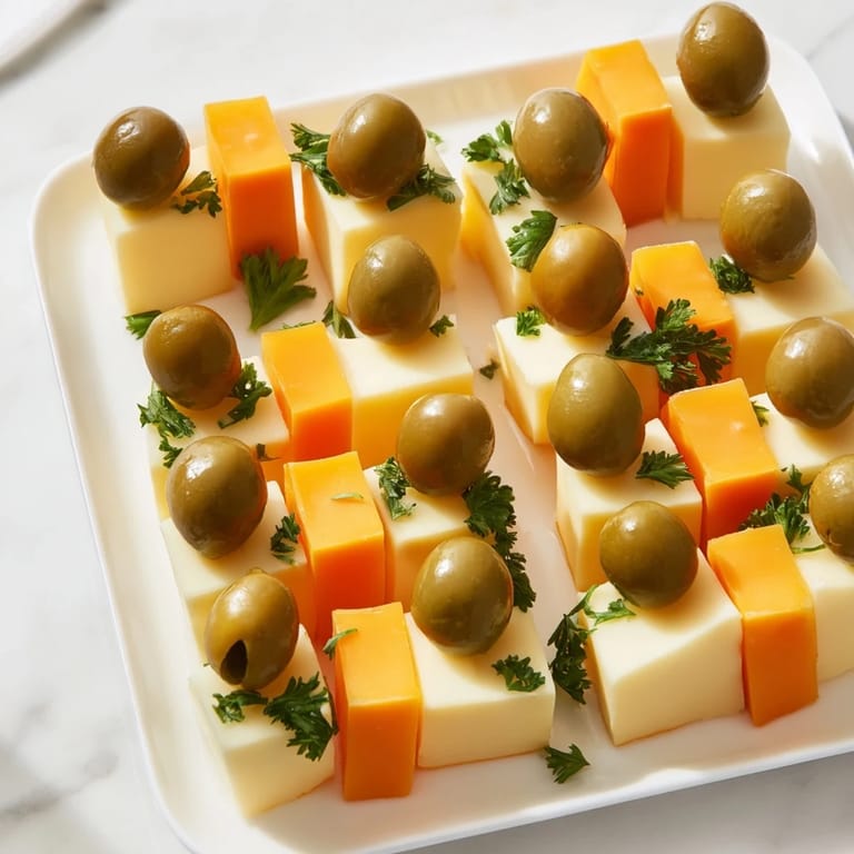 Vibrant square appetizer picture featuring a Cheese and Olive Chess Board, perfect salty snack for parties paired with crackers.