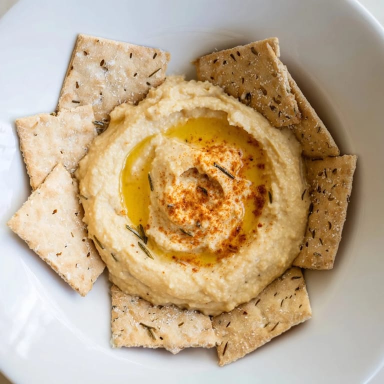 A close-up shot of homemade Holiday Crackers: Rosemary Cracker and Hummus Duo, ready to eat alongside hummus.