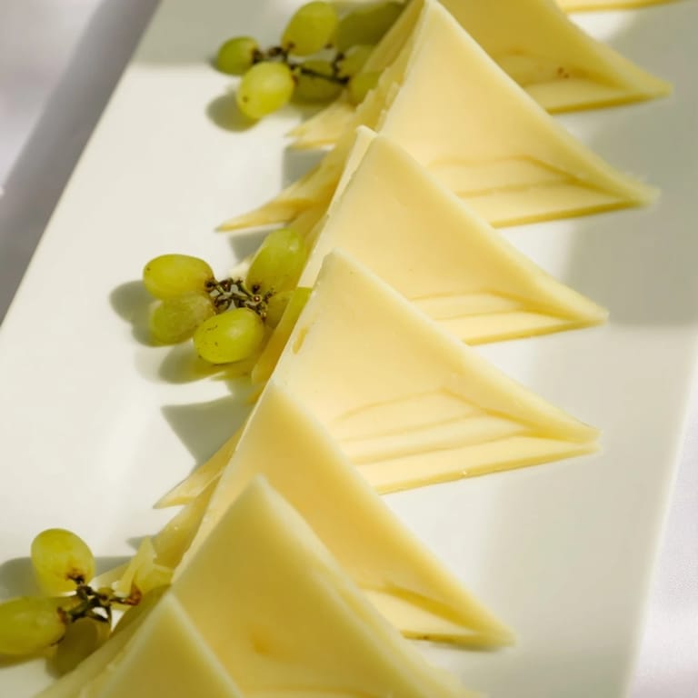 Bright, eye-catching cheese board featuring The Tannenbaum Border design, perfect for holiday appetizers, ready to serve.