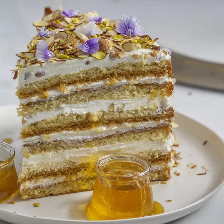 A visually appealing The Honey-Drip cake with honey-infused layers and toppings of almonds and flowers.