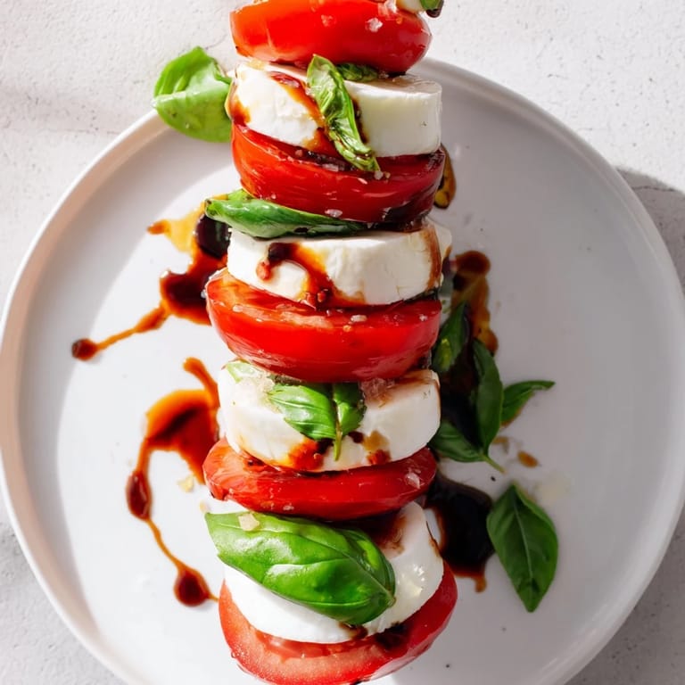 The Tuscan Pillar appetizer features a beautiful stack of tomato, mozzarella, and basil ready to serve.