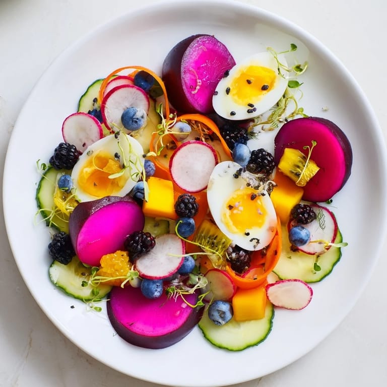 This photo features a visually stunning The Neon Night appetizer, a feast of bright, pickled flavors.