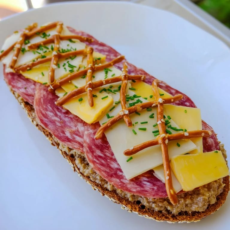A close-up shot of The Lattice Window, showing the pretzel lattice over layered meats and cheese.