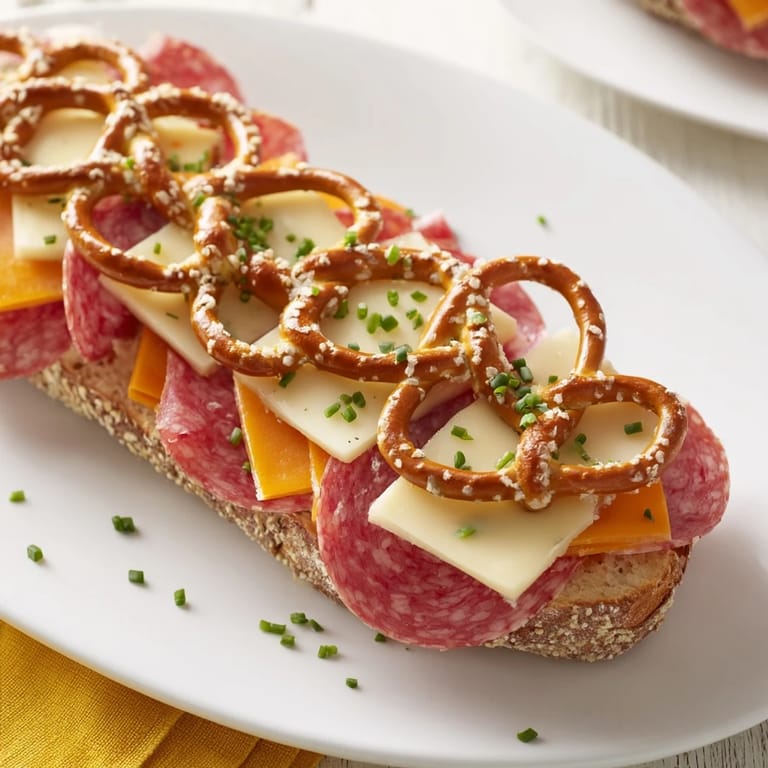 Golden pretzel sticks woven into a beautiful lattice atop The Lattice Window, a visually appealing appetizer.