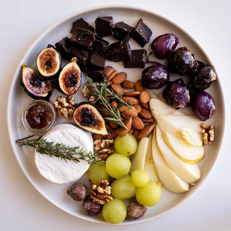 Deliciously arranged Winter Solstice Board: a visually appealing cheese board with fresh fruit and nuts.