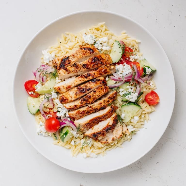 The bright colors of tomatoes and cucumbers showcase this Greek Chicken Gyro Pasta Bowl, a flavorful Mediterranean delight.